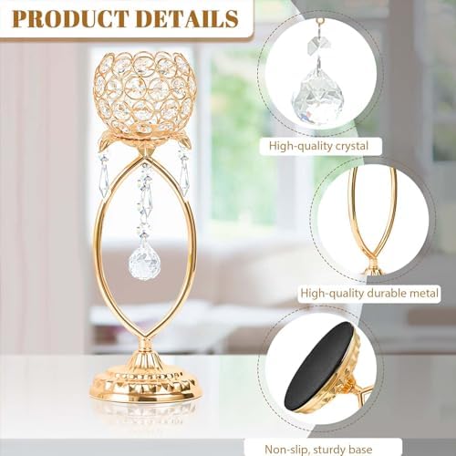 2 Pcs Gold Elegant Metal Crystal Tea Light Candle Holders with Bling Crystal Pendants, Hollow Design - Wedding Table Centerpieces for Anniversary Birthday Party, Home Decor - Image 3