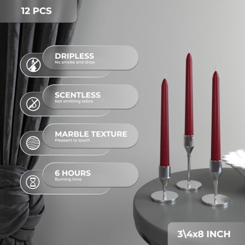 CANDWAX 8 Inch Taper Candles Burgundy Decor Unscented Candle Sticks 12 Pack - Image 3