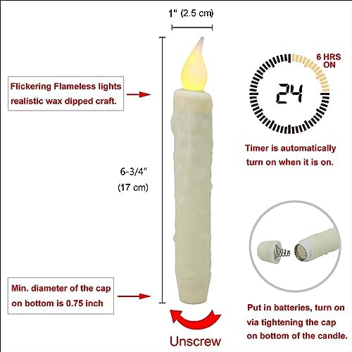 CVHOMEDECO. Real Wax Hand Dipped Battery Operated LED Timer Taper Candles Country Primitive Flameless Lights Décor, 6-3/4 Inch, Ivory, 3 PCS in a Package - Image 6
