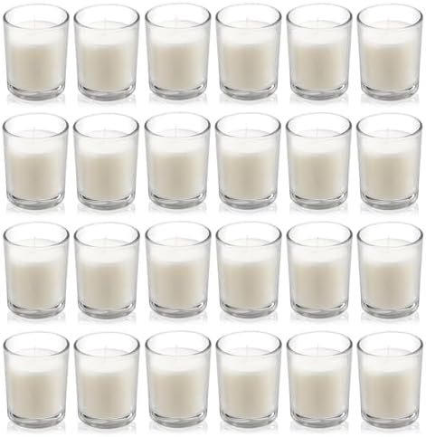 Housecret 24 Pack Warm White Unscented Clear Glass Filled Votive Candles. Hand Poured Wax Candle Ideal Gifts for Aromatherapy Spa Weddings Birthdays Holidays Party by Housecret