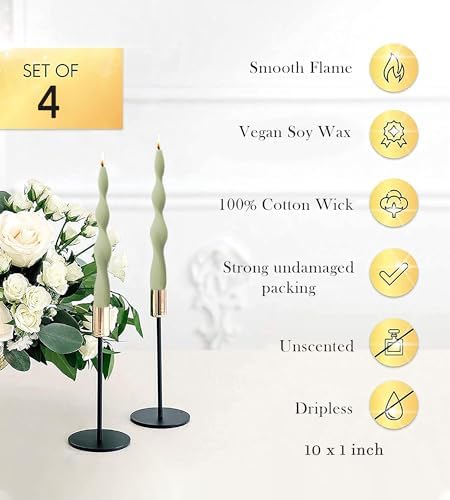 10 Inch Olive Spiral Taper Candles Dripless Twisted Taper Candle Handmade from Vegan Soy Wax for Holiday Wedding Party Home Dinner Decoration Party and Any Occasion,Set of 4(Olive Green-F) - Image 5