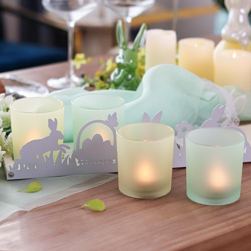 Spring Votive Candle Holder Set, Includes 4 Glass Candle Holders & 1 Wooden Tray with Metal Bunny Decor for Table Centerpiece Decorations and Indoor Outdoor Home Decor - Image 2
