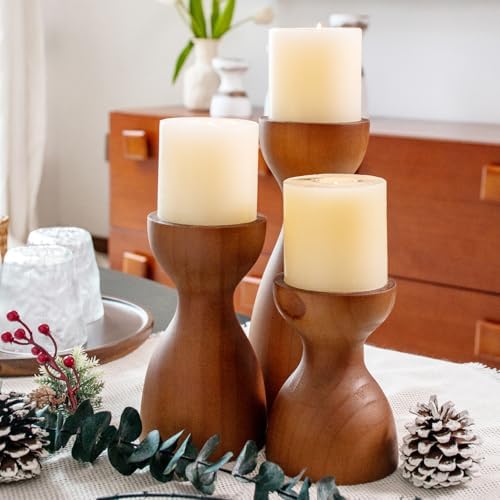 Set of 3 Farmhouse Wooden Candle Holders for Pillar Candles , Brown Rustic Wood Pillar Candle Stands Table Centerpiece Decor for Fireplace, Living, and Dining Room - Image 3