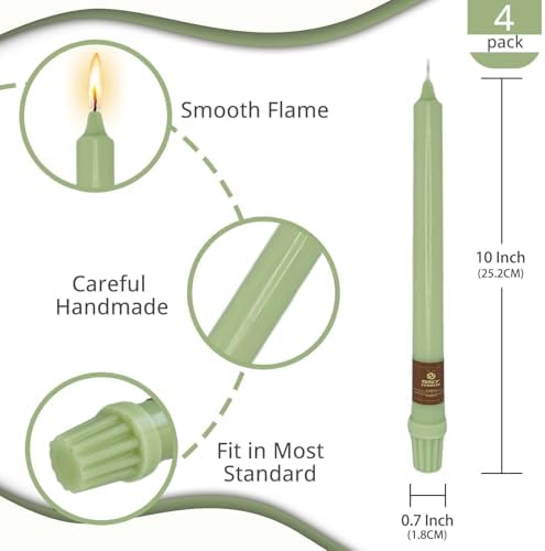 NJAO HOO Light Green Candlesticks 10 Inch Handmade Dripless Taper Candles Unscented Colored Candle Set, Pack of 4 - Up to 9-11 Hours Burn - Image 2