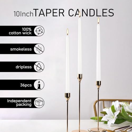 36 Pack White Taper Candles 10 Inch - Premium Unscented Dripless & Smokeless Long-Burning Candles for Wedding Decor, Fine Dining, Candelabras, Romantic Dinner, and Elegant Home Decor - Image 5
