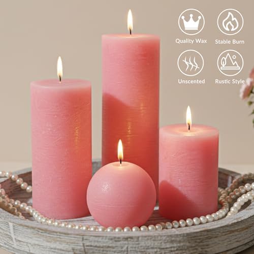 Pink Textured Pillar Candles Set - 4 Pcs Assorted Sizes Rustic Unscented Pillar Candle, Decorative Farmhouse Candles for Home Centerpiece Decor, Holiday Dinner Table, Dripless & Smokeless - Image 5