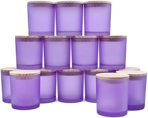 SHOWIN 10 OZ Thick Candle Jars for Making Candles 15 Pcs, Empty Jars with Wood Lids for Candle Making, Sample Container, Frosted Purple by Showin
