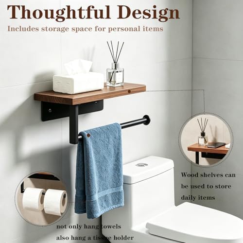 Bathroom Hand Towel Holder/Towel Ring, Premium Metal Wall Mounted Hand Towel Hanger with Wooden Shelf, Heavy Duty Kitchen Towel Holder Rustic Hand Towel Rack for Bathroom Accessories (Black) - Image 3