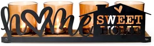 Amber Glass Candle Holder with Farmhouse Wood Tray, Sweet Home Tealight Holder Centerpiece for Dining Table, Rustic Metal Sign Votive Tray for Fireplace Mantel Living Room Decor Housewarming Gift by Unknown