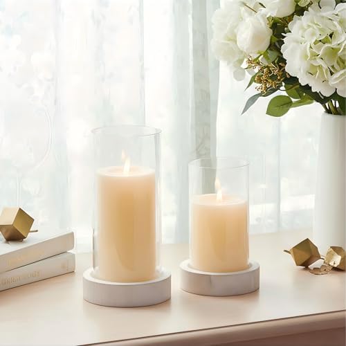 Ronasip Set of 2 Hurricane Candle Holders with Wood Base & Glass Cylinder (4.2x5.9” & 4.6x7.8”) – Rustic Wooden Candle Holders for Home Decor, Weddings, Table Centerpieces (2, White) - Image 6