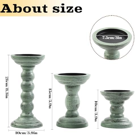 Set of 3 Candle Stick Holders Decor Rustic Wooden Candle Holder Mint Green Farmhouse Candle Stands for Table Centerpiece, Vintage Pillar Candle Holders for Living Room - Image 2