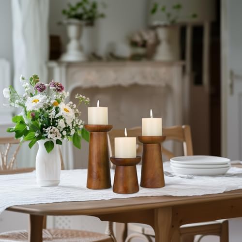 Pillar Candle Holders Set of 3， Wooden Candle Holders， Decorative Wood Candlestick Holders for Living Room, Table Centerpiece for Wedding, Christmas, Party, Home - 4", 6", 8" - Image 6