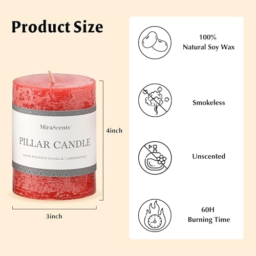 3x4 Inch Bright Red Pillar Candles Set of 3 - Hand-Poured Unscented Candles, Long Clean Burning, Large Big Candle, Smokeless Dripless Candle for Dinner Table, Wedding, Home, Rustic Decor - Image 6