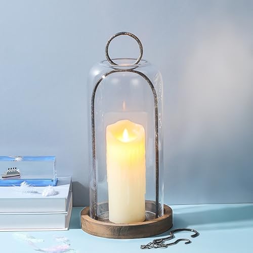 16" High Versatile Rustic Brown Metal Candle Holder with Handmade Sturdy Glass Dome And Shabb Brown Wooden Base for Pillar Candle & Plants, Industrial, Farmhouse, Shabby Chic, Display Cloche Bell Jars - Image 3