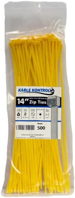 Kable Kontrol Yellow Zip Ties 14 Inch 500 Pcs, 50 Lbs Tensile Strength, Self-locking Nylon Colored Cable Ties Wire Wraps for Indoor or Outdoor Use