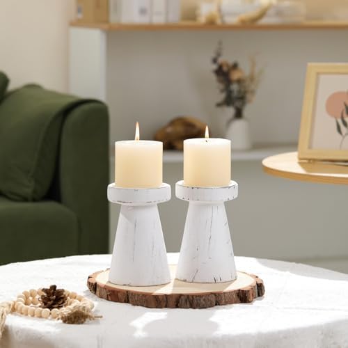Set of 2 Rustic White Wood Candle Holders for Pillar Candles - Image 6