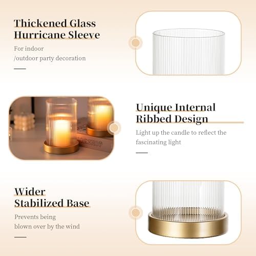 Glasseam Hurricane Glass Candle Holder: Gold Pillar Candle Holders Set of 2 Ribbed Glass Cylinder Covers with Metal Candle Tray Modern Candle Holders for Table Centerpiece Living Room Decorations - Image 5