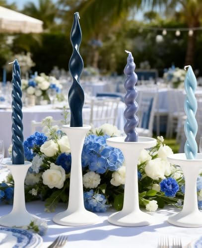 4 Pcs Navy & Light Blue Taper Candles, 7.87in Spiral Twisted Candlesticks - Image 4