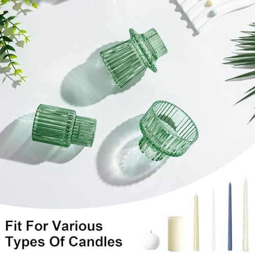 Candlestick Holders Set of 6, Ribbed Glass Taper Candle Holders, Reversible Green Tealight & Candle Stick Candle Holder Vintage Crystal Tapered Candlestick for Wedding Dinner Party Festival - Image 6