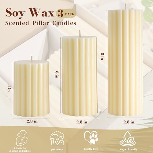 Ribbed Soy Pillar Candles,Set of 3,Cashmere Amber Scented - Image 4