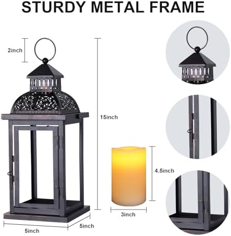 NEEDOMO Lanterns Decorative Indoor & Outdoor, 15'' Lantern with LED Candle, Vintage Metal Hanging Lanterns for Patio, Front Porch,Yard, Table, Spring (NO Glass) - Image 4