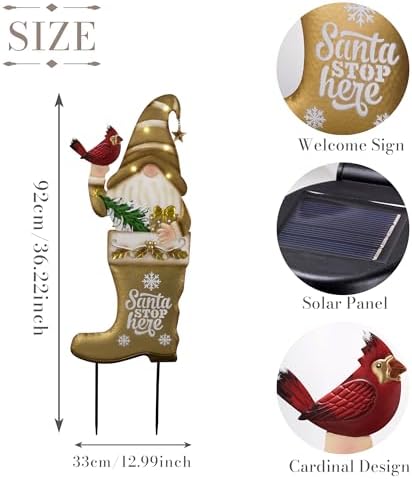 TERESA'S COLLECTIONS Christmas Gnome Garden Stake, Metal Outdoor Christmas Decorations with Solar Light, Christmas Yard Stakes Welcome Signs for Home, Patio Lawn Porch Holiday Party Gifts, 36" - Image 4