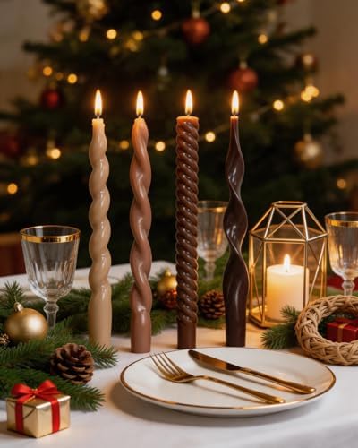 Brown Taper Candle Stick Spiral Taper Candle for Wedding Party Fall Decoration Home Dinner Decoration Unscented Candles,10inch,4 Pack - Image 3
