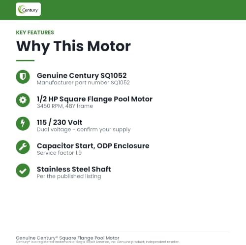 A.O. Smith SQ1052 1/2 HP, 3450 RPM, 1.9 Service Factor, 48Y Frame, Capacitor Start, ODP Enclosure, Square Flange Pool Motor
