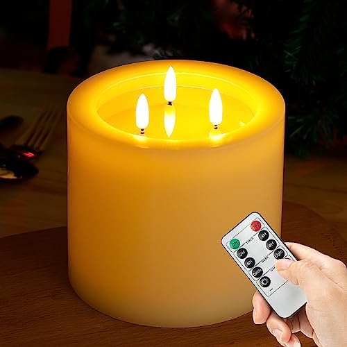Extra Large Flameless Candles with 3 Wicks, 6"x6" Real Wax Battery Operated Candles with Remote and Timer, Flickering LED Candles Fake Candle for Home, Wedding, Party, Ivory by AFINETH