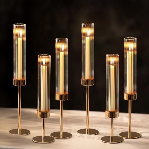 NUPTIO Hurricane Candle Holder for Centerpiece: Set of 6 Tall Candle Stick Holder with Ribbed Glass Cover - Bulk Fluted Taper Candlestick Decor for Living Room Thanksgiving Christmas by Nuptio
