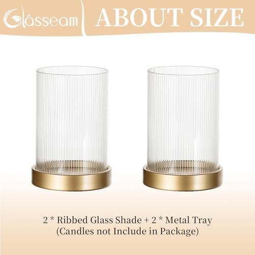 Glasseam Hurricane Glass Candle Holder: Gold Pillar Candle Holders Set of 2 Ribbed Glass Cylinder Covers with Metal Candle Tray Modern Candle Holders for Table Centerpiece Living Room Decorations - Image 7