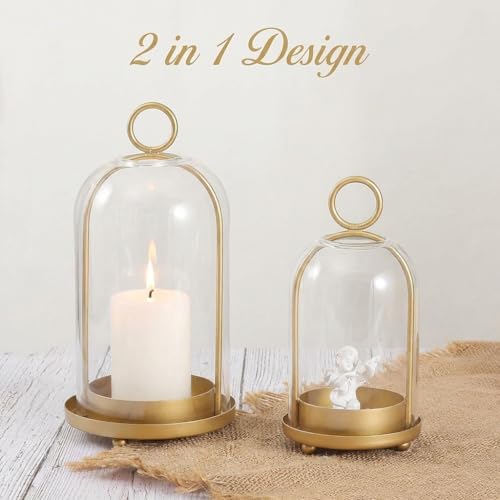 Glass Dome Candle Holders Set of 2, Antique Brass Metal Pillar Candle Holder, Hanging or Tabletop Hurricane Candle Holder for Home Decor, Farmhouse & Centerpiece (5.2” & 4.1”) - Image 5