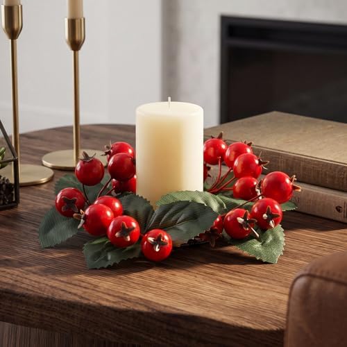 Daifunli 2 Pcs Christmas Red Berry with Leaf Candle Ring Artificial Berry Bell Wreaths for Pillar 2.25 Inch Candles Holder for Winter Christmas Country Wedding Kitchen Table Centerpiece Decor - Image 5