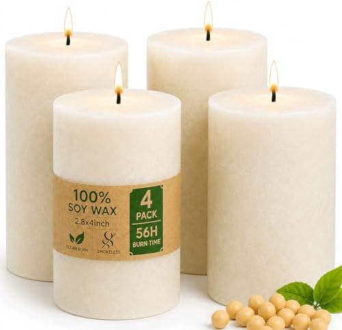 Soy Wax White Pillar Candles,Non-Toxic, 2.8x4 Inch, 4 Pack, 55 H Long Burn by MAKALONE