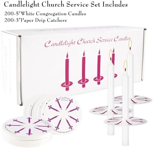 200 White Church Candles with Drip Protectors - 5-Inch Unscented Devotional Candles for Candlelight Vigil & Prayer Services, No Smoke Clean Burning Taper Candles in Bulk - Image 2