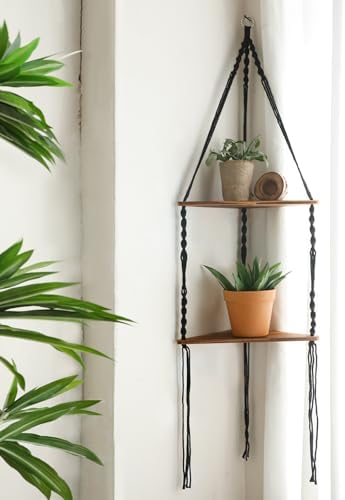 Artilady Corner Shelf Macrame Wall Hanging Balck, Boho Wood Storage Decor by Artilady