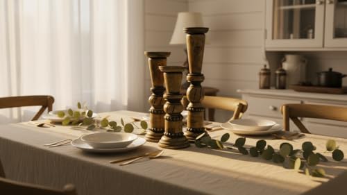 Round Wooden Decorative Candle Holder Rustic Wooden Pillar Candle Holders Set of 3, 18'' 15'' 12'' Farmhouse Wood Candle Stand Vintage Candleholders Decor for Living Room, Black - Image 3