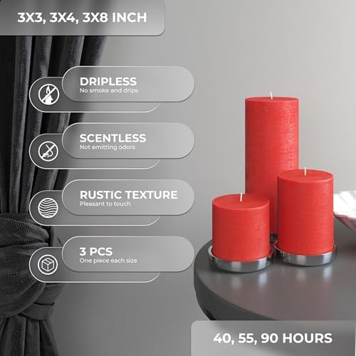 CANDWAX Assorted 3x3, 3x4, 3x8 Inch Red Pillar Candles Set of 3 - Smokeless Dripless Red Pillars - Perfect for Home Decor, Dinner Table Centerpieces, Party Decorations - Unscented Candles - Image 3