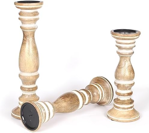 Rustic Farmhouse Wood Pillar Candle Holder Set of 3- Vintage Tall Candle Stands for Table Centerpiece, Decorative Candle Holder for Dining Room, Fireplace, Living Room - Size: 16", 14", 12" White Wash - Image 6