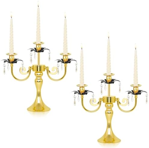 2 Pcs 3 Arm Black and Gold Metal Candelabra with Crystal Pendants - 11.8 Inch Tall Candle Holders, Elegant Taper Candlestick Stand for Wedding, Dining Table, Christmas Party Home Decoration by kehail