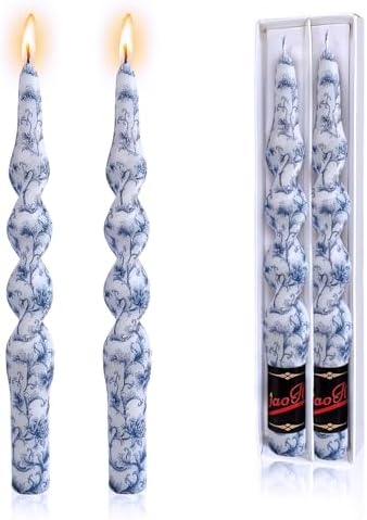 NJAO HOO Floral Taper Candles 10 in Spiral Candlesticks Hand Printed Blue Flower Candlestick Twisted Taper Candle for Home Garden Decor, 2Pcs by NJAOHOO