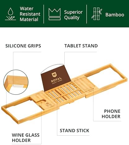 ROYAL CRAFT WOOD Premium Foldable Bathtub Tray Caddy - Wood Bath Tray for Tub, Bamboo Shelf, Expandable Bath Table Trays, Bathtub & Bathroom Accessories for New Home & Mothers, Birthday Gifts for Mom - Image 3