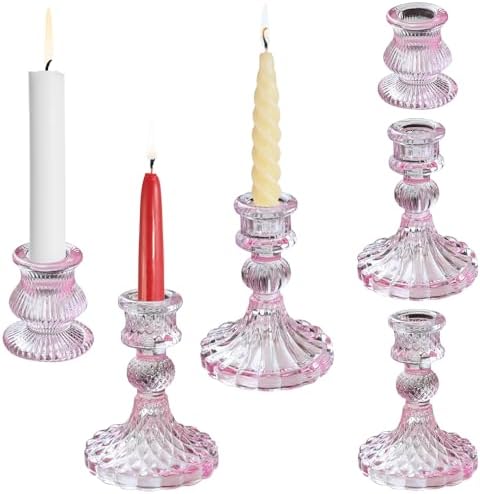 Glass Candlestick Holders Set of 6, Taper Candle Holder for Wedding Festival Christmas Party Valentine's Decor, Table Centerpieces (Pink) by TINMIX