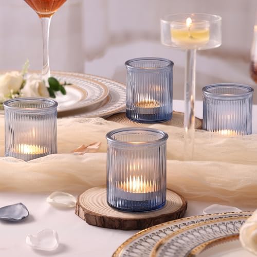 NITIME 32Pcs Ribbed Blue Votive Candle Holders, Tea Light Candle Holders for Table Centerpiece, Blue Candle Holders for Wedding Decor,Home and Holiday Decor - Image 4