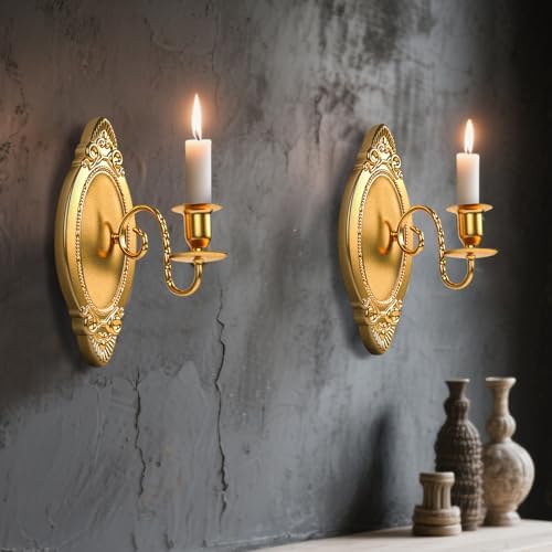 Gold Candle Sconces Set of Two, Brass Color Victorian Royal Wall Sconce, Metal Rustic Candle Holder Baroque Home Wall Decor for Living Room, Dining Room, Bedroom, Fireplace, Hallway - Image 5