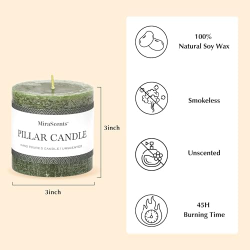 3x3 Inch Moss Green Pillar Candles - Set of 3, Long Clean Burning, Smokeless Dripless Candles for Spring Home Decor, Dinner Table, Bathroom, Rustic Decor - Image 5