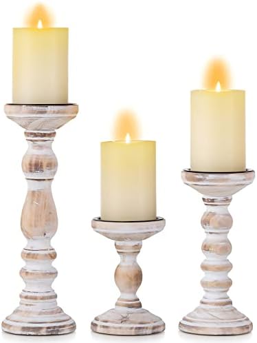 Romadedi Rustic Whitewashed Solid Wood Pillar Candle Holders, Set of 3 by ROMADEDI