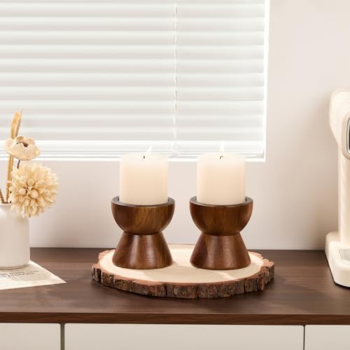 Set of 2 Rustic Acacia Wood Candle Holders for Pillar Candles - Image 5