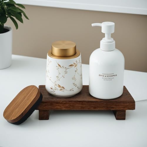 (9x6 Inch,Brown) Wood Riser Soap Tray, Rustic Wood Pedestal Stand Tray Farmhouse Kitchen Counter Decor Bathroom Soap Dish Holder for Sink,Vanity,Plant,Bottles, Candles Display - Image 2