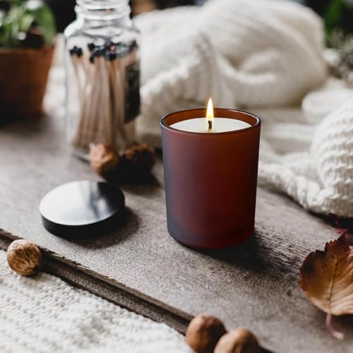 SHOWIN 8 OZ Thick Candle Jars for Making Candles 15 Pcs, Empty Amber Jars with Wood Lids for Candle Making, Sample Container, Frosted Brown - Image 5